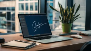 Laptop prateado em mesa de madeira com assinatura digital na tela, planta ao lado e janela com vista da cidade.