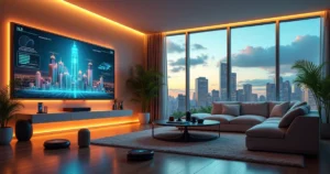 Ambiente moderno de casa inteligente com tecnologia Wi-Fi 6.0 e dispositivos conectados.