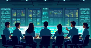 Centro de Operações de Rede com técnicos analisando monitores em um ambiente de alta tecnologia.