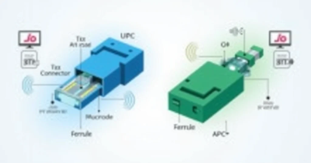 Conectores UPC e APC com destaque para suas características e diferenças em um fundo cinza.