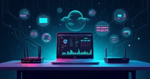Ilustração de uma configuração moderna de rede com roteadores MikroTik e interface do RouterOS em um ambiente tecnológico.