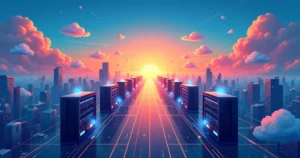 Ponto de troca de Internet com servidores, nuvens de rede e dispositivos conectados em um pôr do sol vibrante.