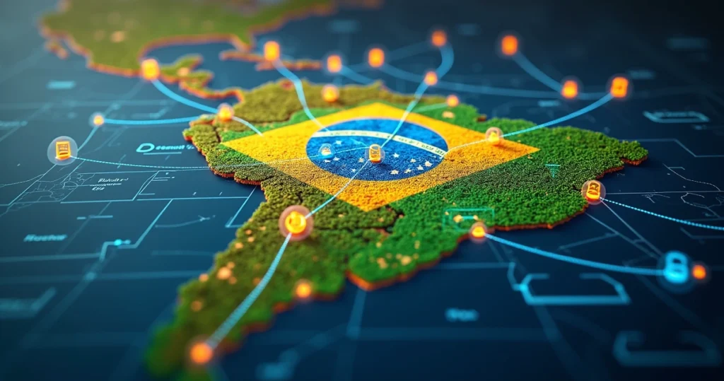 Ilustração dos principais PTTs do Brasil e a influência do IX.br com um mapa delineado e conexões digitais.